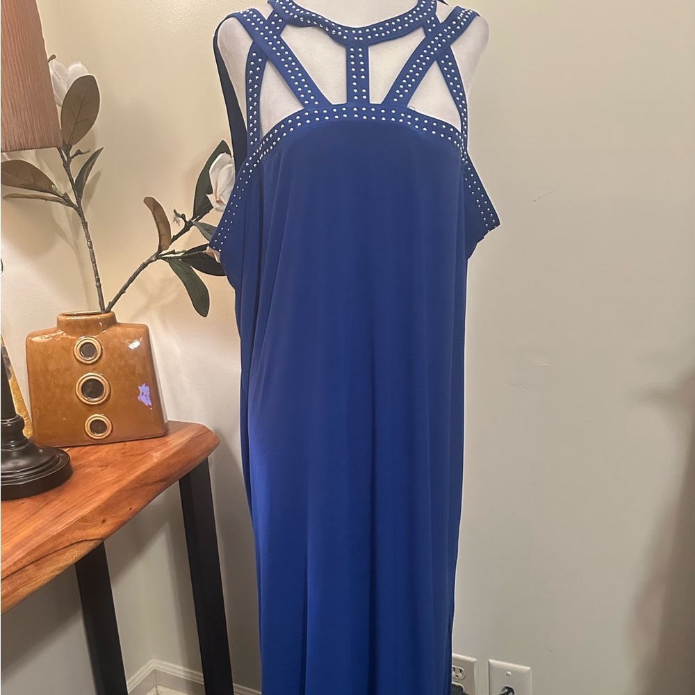 Blue Studded Cutout Maxi Dress XL 1X Sleeveless Elegant Evening Cruise